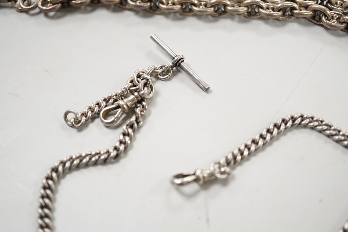 A two row chain link silver albert, 21cm and one other longer silver curb link albert, 37cm.